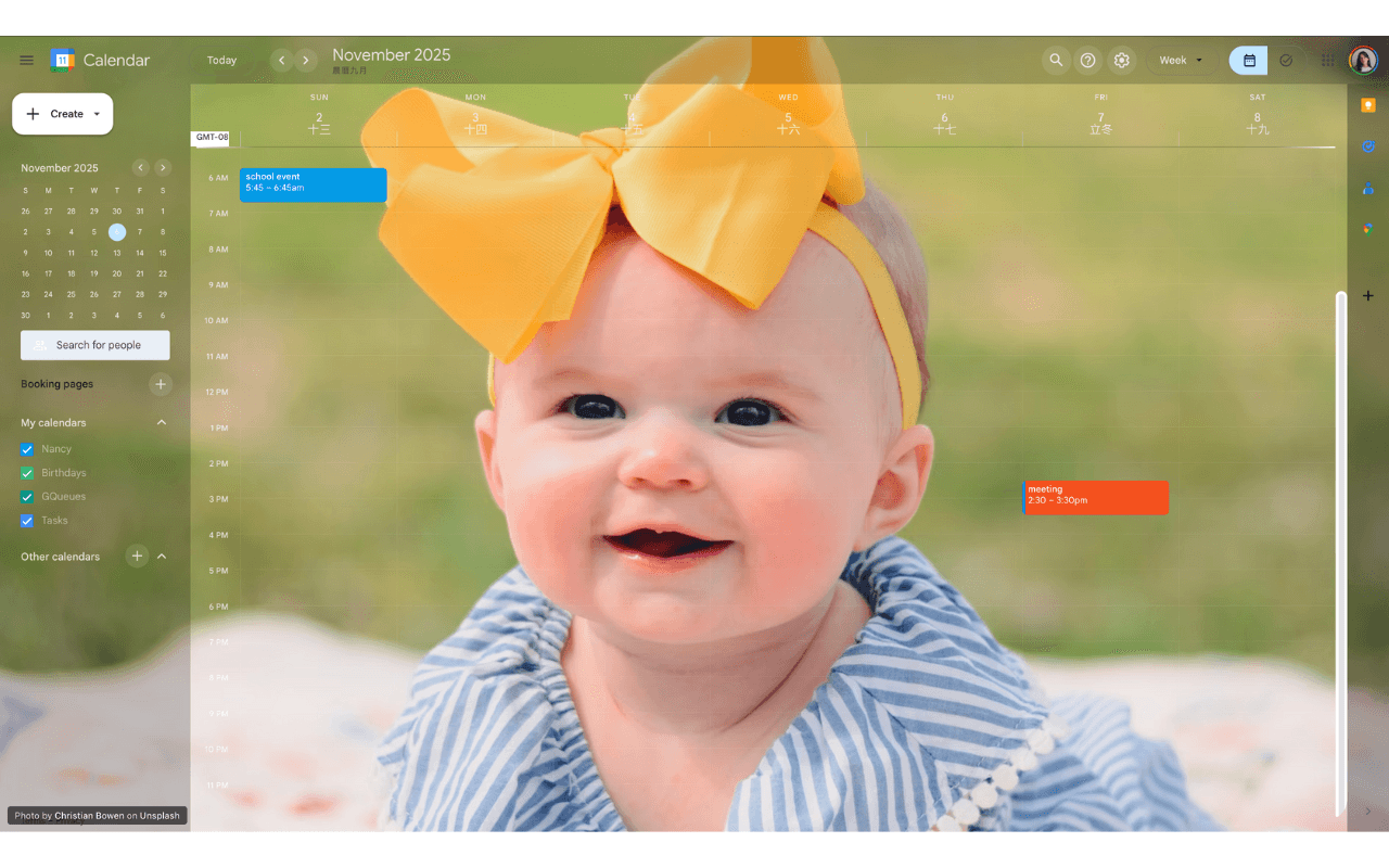 Google Calendar with a personal photo background